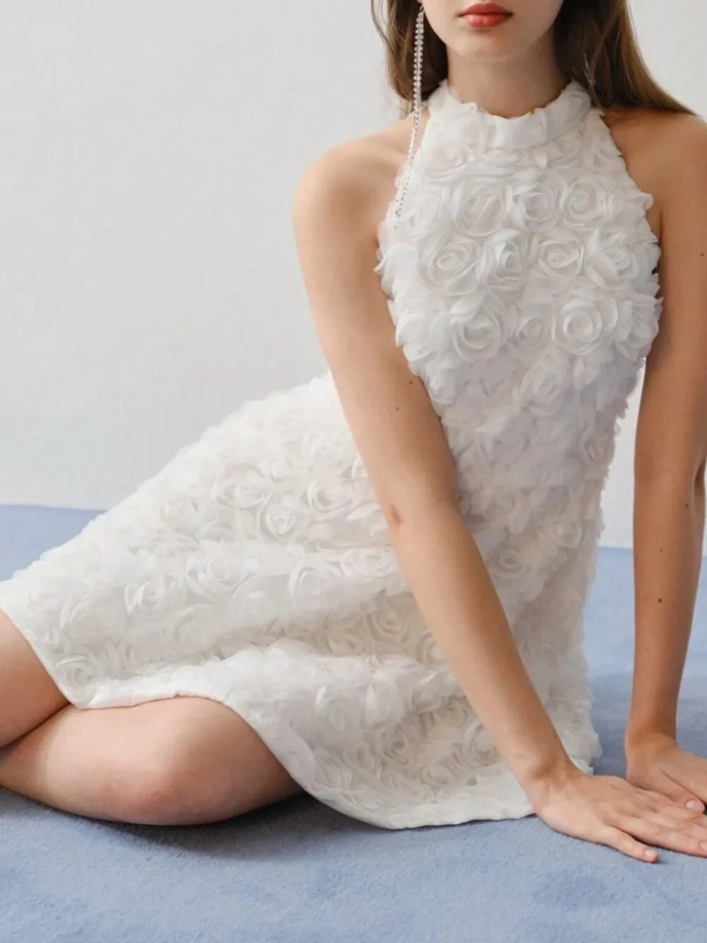 White 3D Rosette Halter Mini Dress